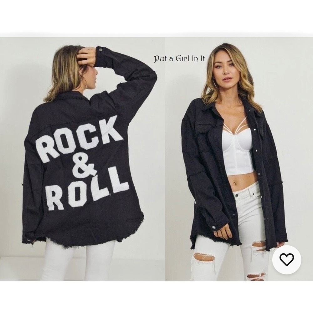 Veveret Womens Rock & Roll Graphic Black Denim Shacket Distressed Large